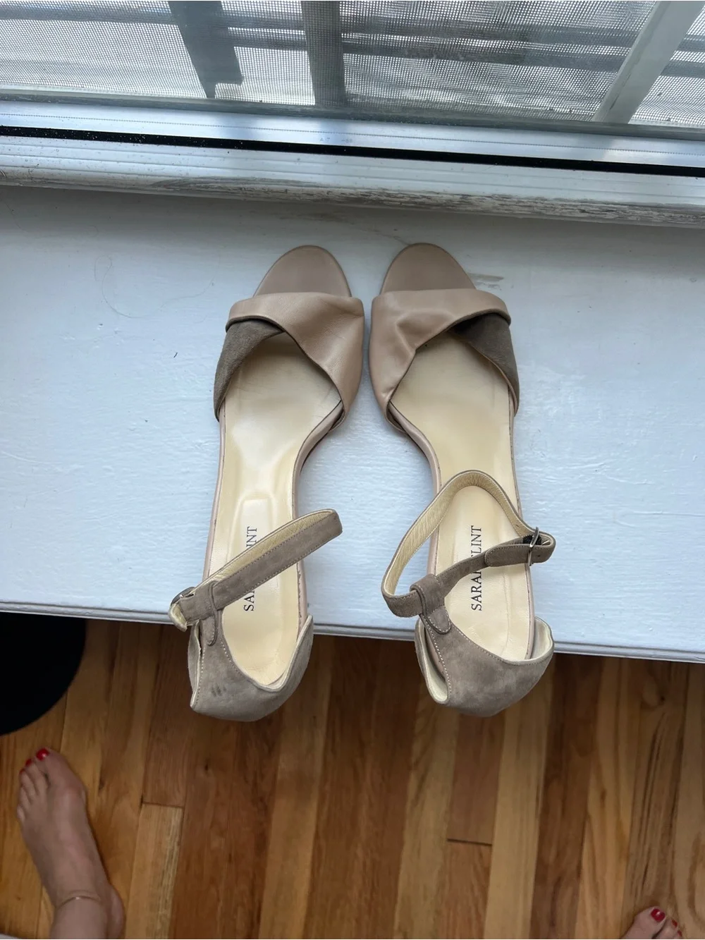 Sarah Flint Two-Tone Taupe & Beige Ankle-Strap Heels